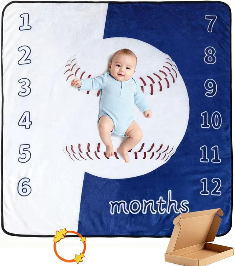 JIX SDFFAY Baby Monthly Milestone Blanket Baseball Month Blanket for Newborn Boys & Girls, Soft Flannel Mat with Photo Prop for Baby Shower, Neutral 47x47 Inches - Image 1
